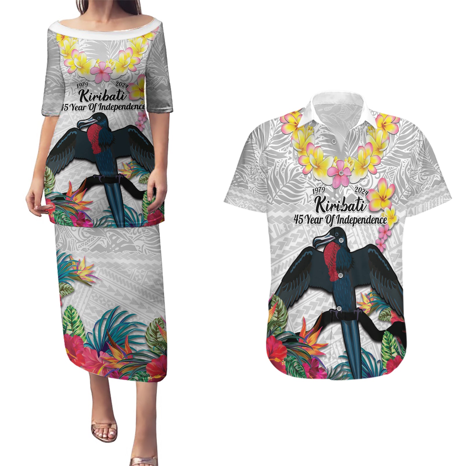 Kiribati Independence Day Couples Matching Puletasi and Hawaiian Shirt Frigatebird Mix Tropical Flowers - White Style