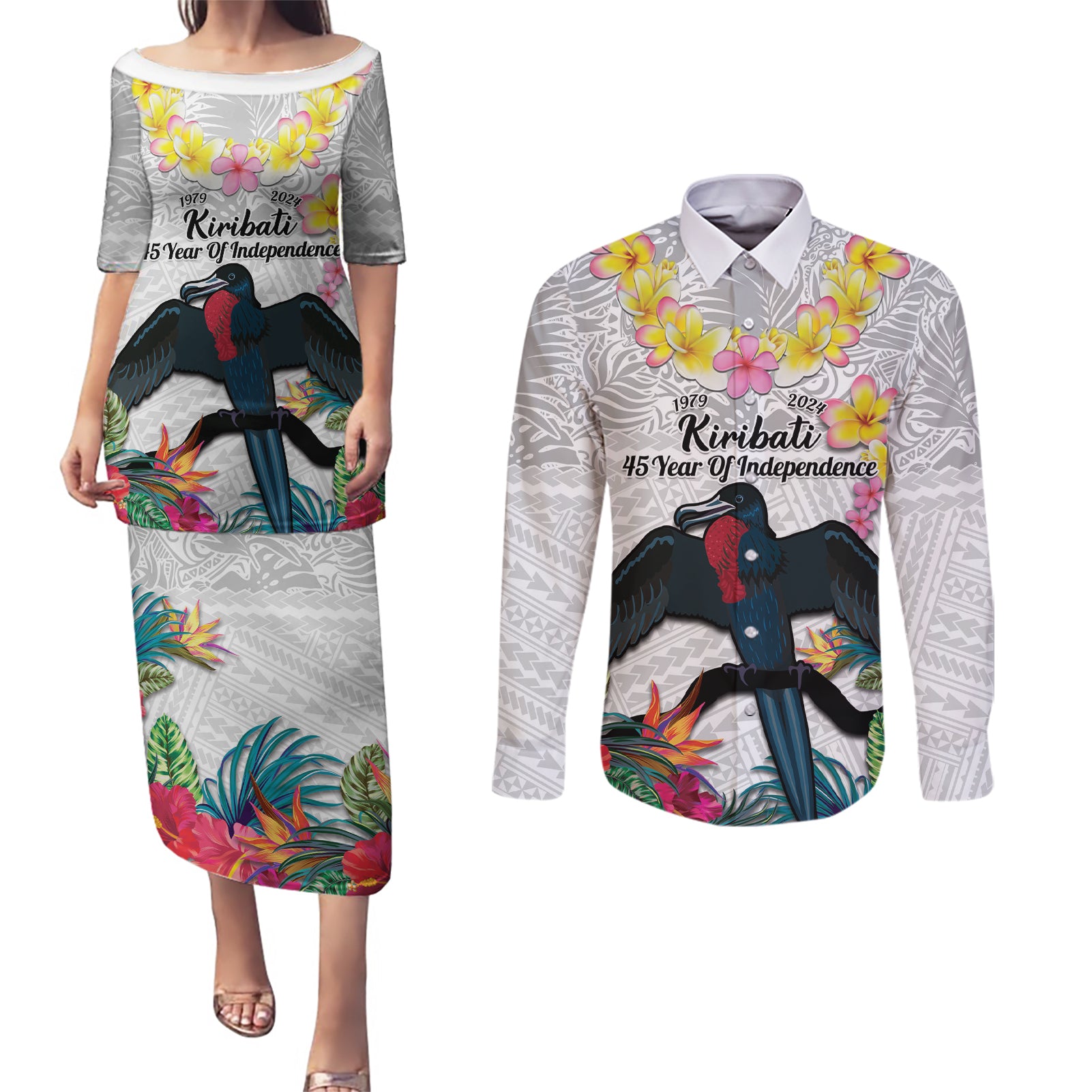 Kiribati Independence Day Couples Matching Puletasi and Long Sleeve Button Shirt Frigatebird Mix Tropical Flowers - White Style