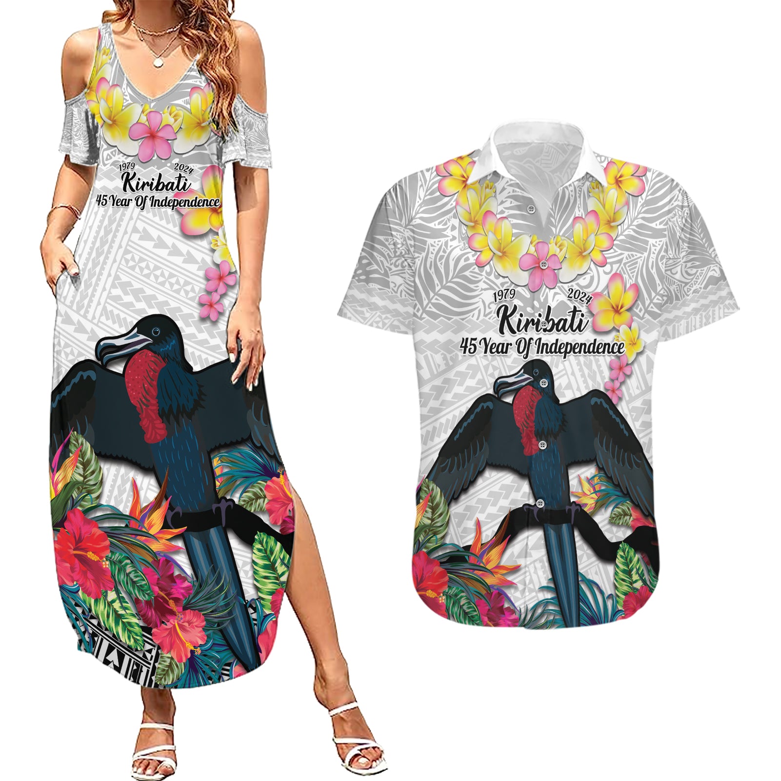 Kiribati Independence Day Couples Matching Summer Maxi Dress and Hawaiian Shirt Frigatebird Mix Tropical Flowers - White Style