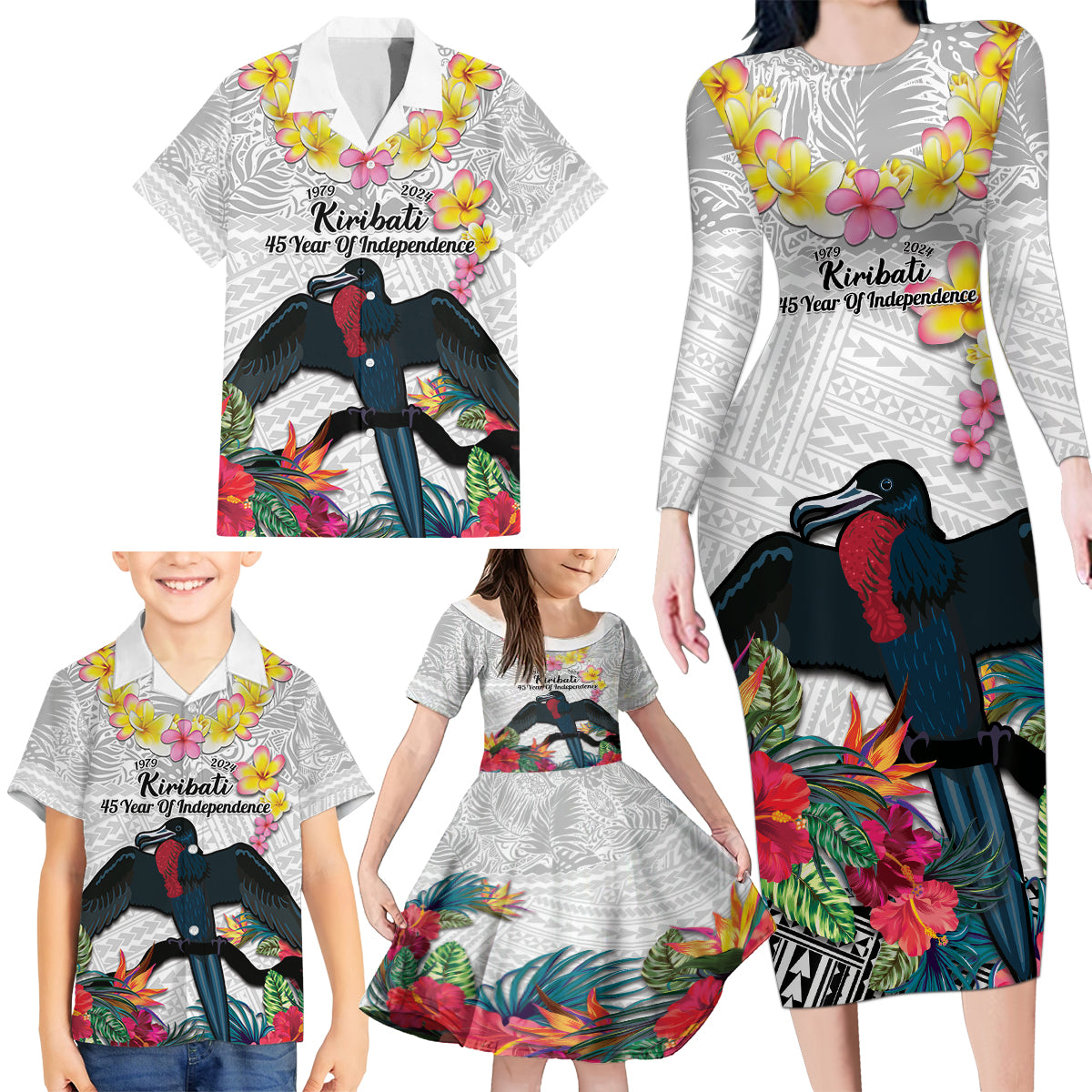 Kiribati Independence Day Family Matching Long Sleeve Bodycon Dress and Hawaiian Shirt Frigatebird Mix Tropical Flowers - White Style