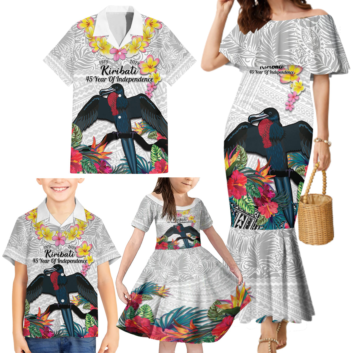 Kiribati Independence Day Family Matching Mermaid Dress and Hawaiian Shirt Frigatebird Mix Tropical Flowers - White Style