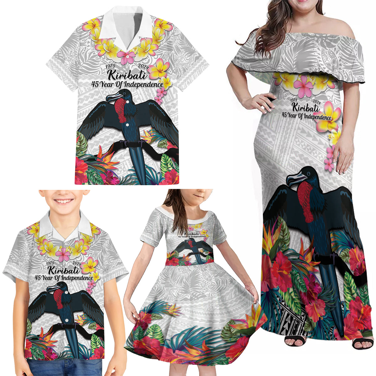 Kiribati Independence Day Family Matching Off Shoulder Maxi Dress and Hawaiian Shirt Frigatebird Mix Tropical Flowers - White Style