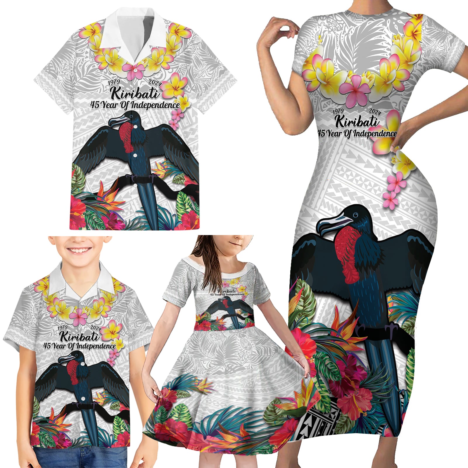 Kiribati Independence Day Family Matching Short Sleeve Bodycon Dress and Hawaiian Shirt Frigatebird Mix Tropical Flowers - White Style