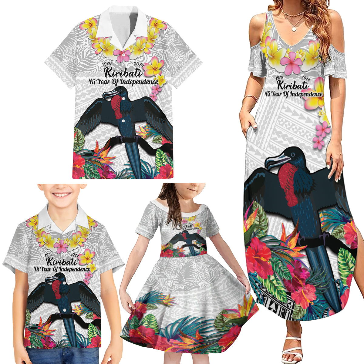 Kiribati Independence Day Family Matching Summer Maxi Dress and Hawaiian Shirt Frigatebird Mix Tropical Flowers - White Style