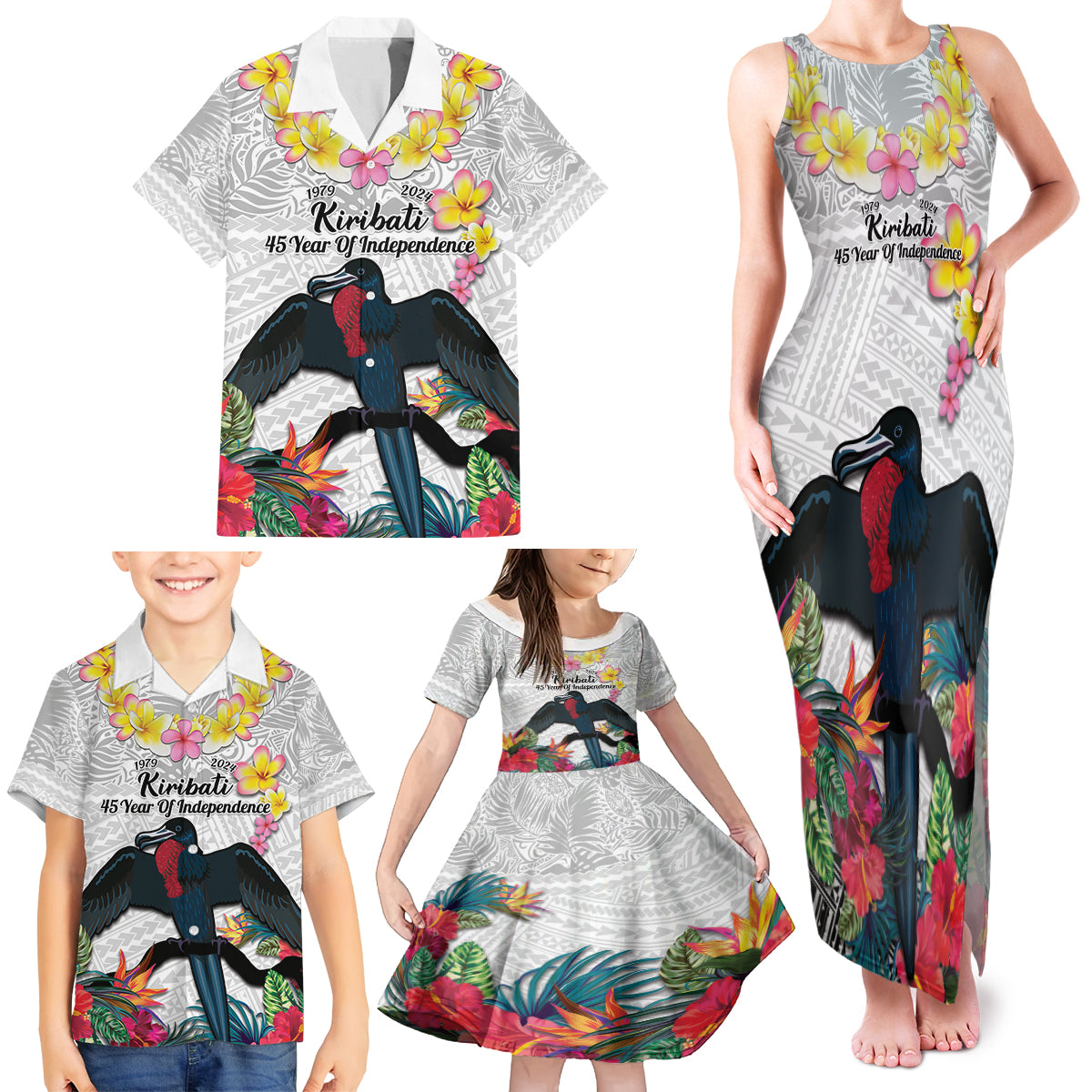 Kiribati Independence Day Family Matching Tank Maxi Dress and Hawaiian Shirt Frigatebird Mix Tropical Flowers - White Style