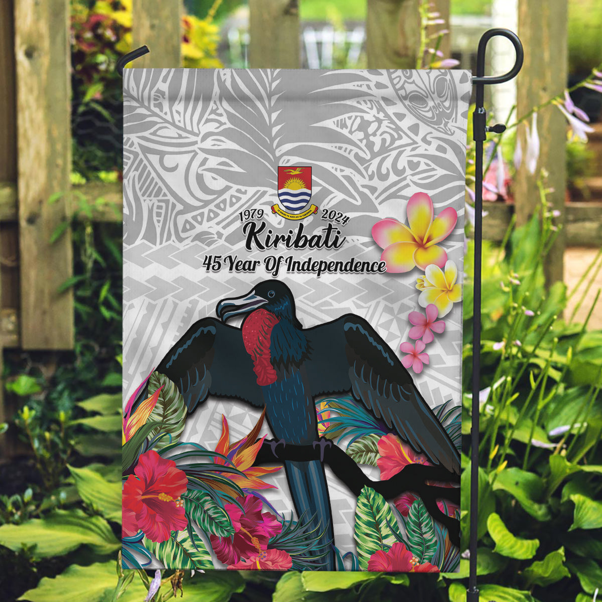 Kiribati Independence Day Garden Flag Frigatebird Mix Tropical Flowers - White Style LT14 Garden Flag White - Polynesian Pride
