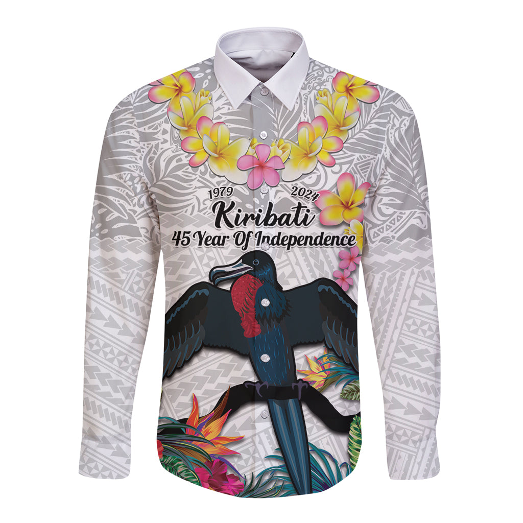 Kiribati Independence Day Long Sleeve Button Shirt Frigatebird Mix Tropical Flowers - White Style