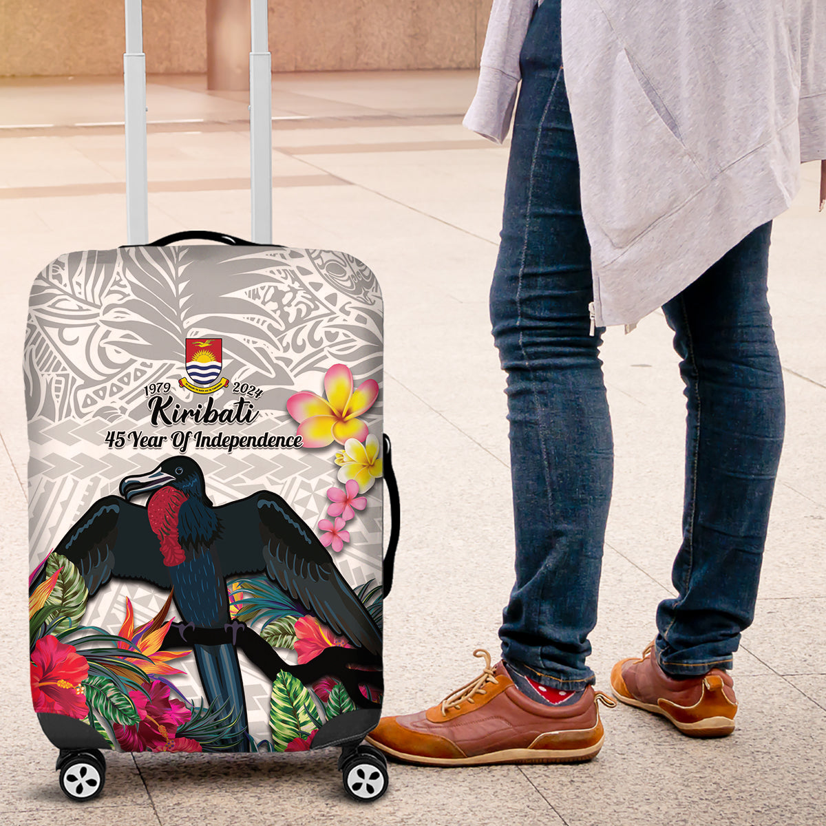 Kiribati Independence Day Luggage Cover Frigatebird Mix Tropical Flowers - White Style LT14 White - Polynesian Pride