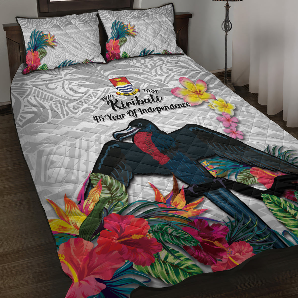 Kiribati Independence Day Quilt Bed Set Frigatebird Mix Tropical Flowers - White Style LT14 White - Polynesian Pride