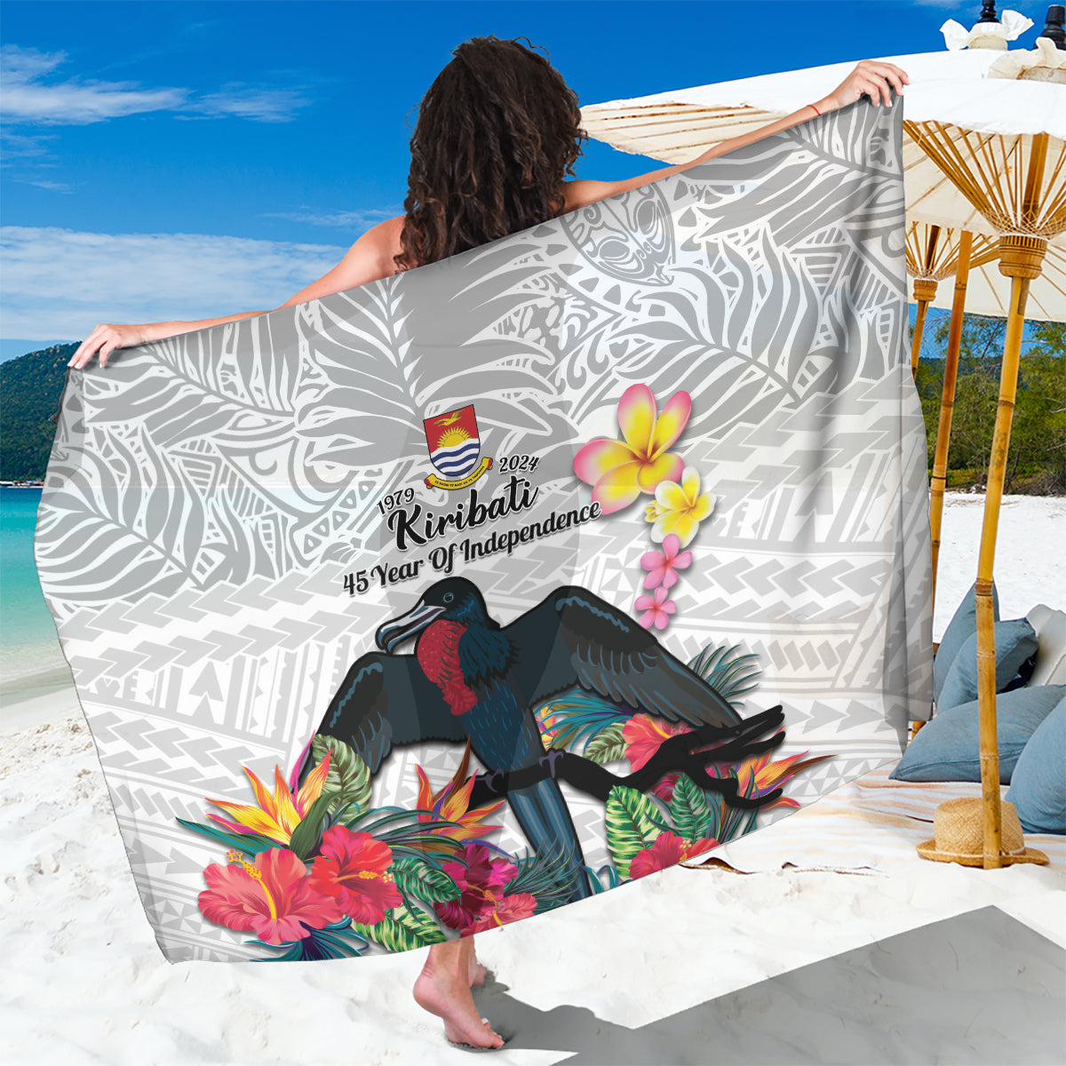 Kiribati Independence Day Sarong Frigatebird Mix Tropical Flowers - White Style LT14 One Size 44 x 66 inches White - Polynesian Pride