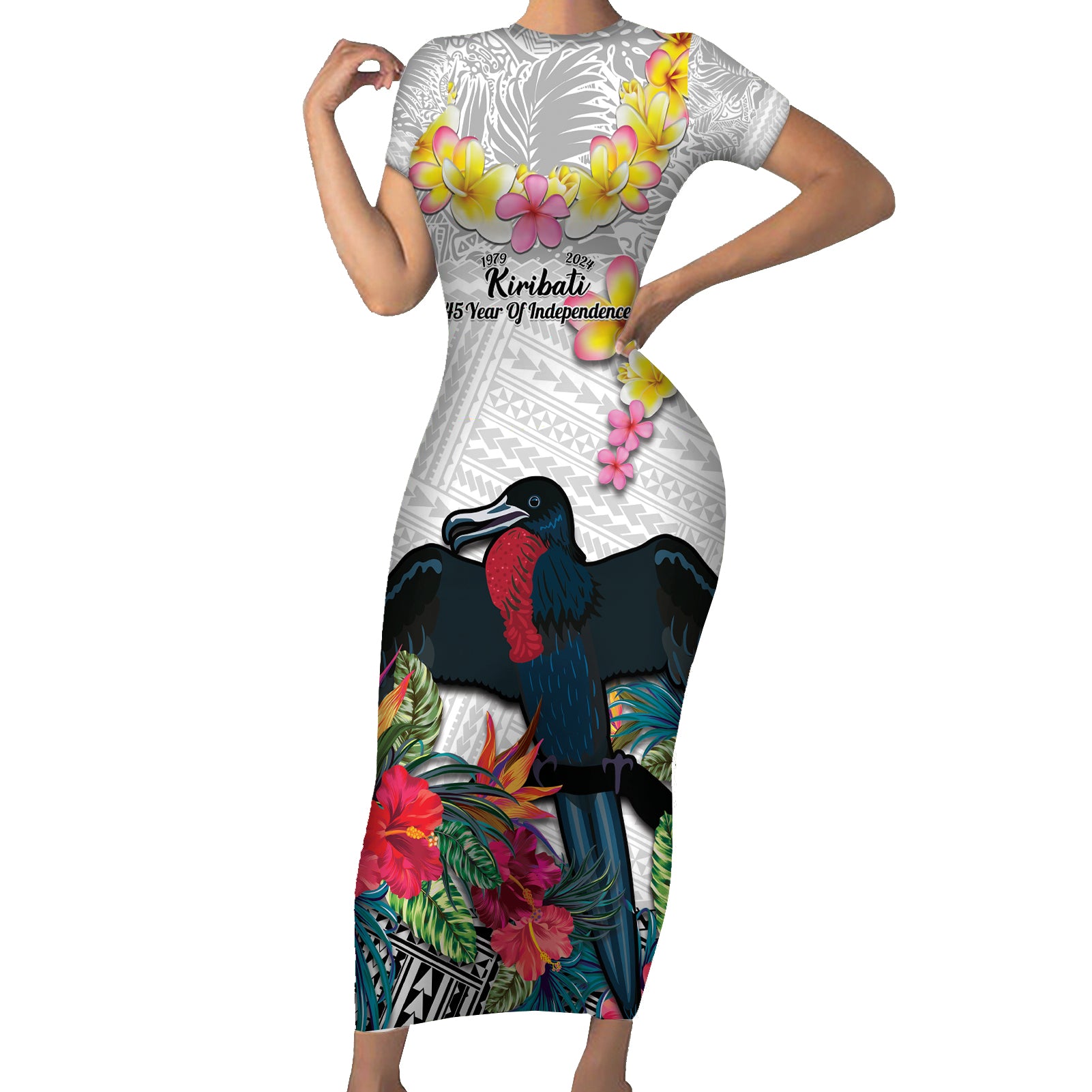 Kiribati Independence Day Short Sleeve Bodycon Dress Frigatebird Mix Tropical Flowers - White Style