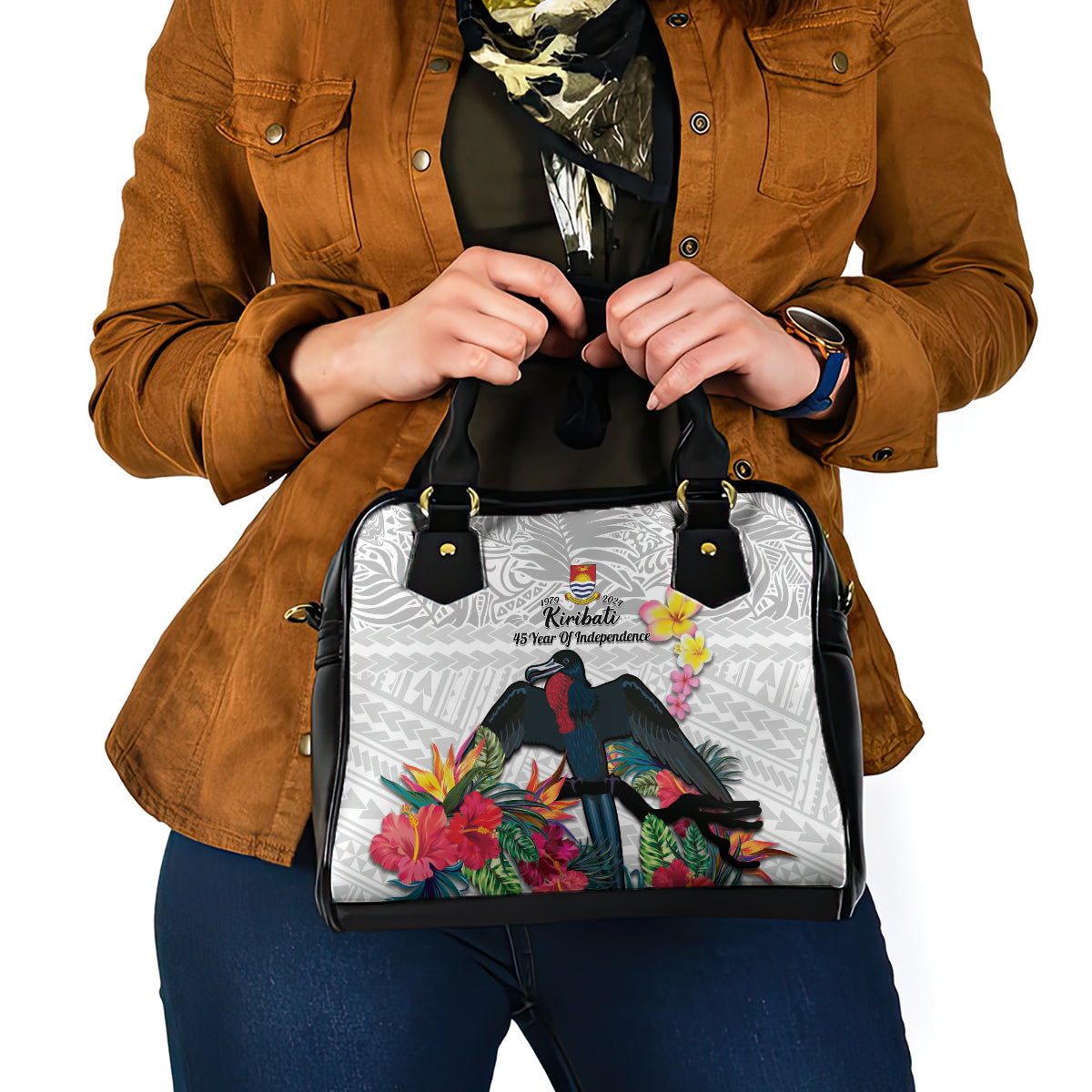 Kiribati Independence Day Shoulder Handbag Frigatebird Mix Tropical Flowers - White Style LT14 - Polynesian Pride