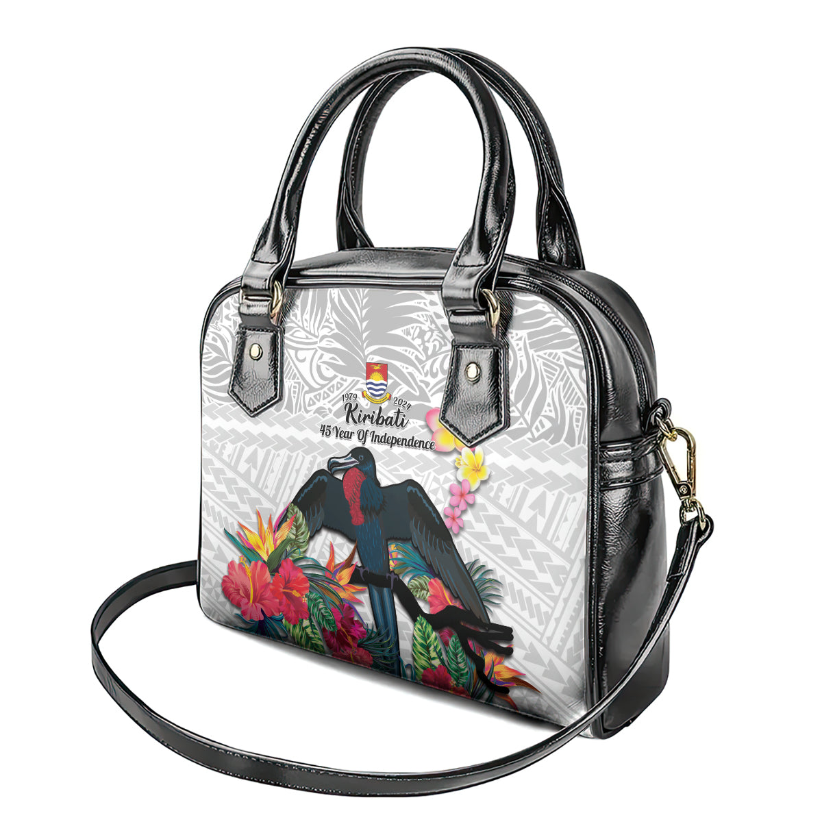 Kiribati Independence Day Shoulder Handbag Frigatebird Mix Tropical Flowers - White Style LT14 - Polynesian Pride