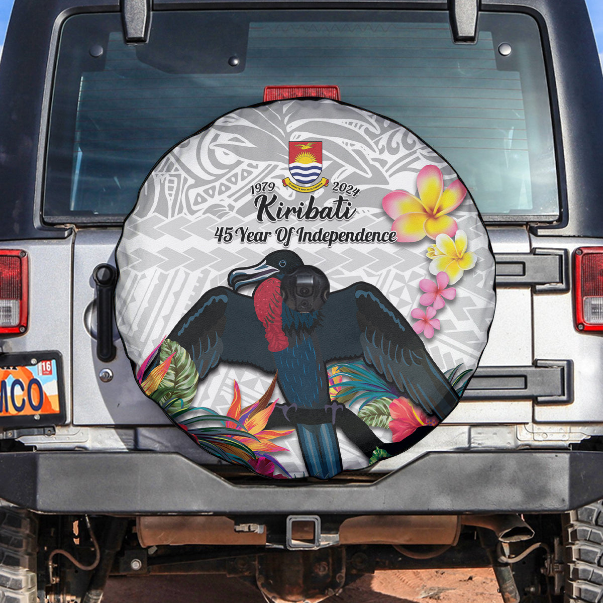 Kiribati Independence Day Spare Tire Cover Frigatebird Mix Tropical Flowers - White Style
