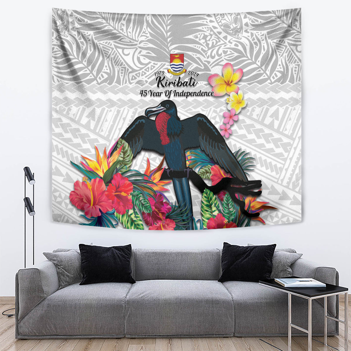 Kiribati Independence Day Tapestry Frigatebird Mix Tropical Flowers - White Style LT14 White - Polynesian Pride