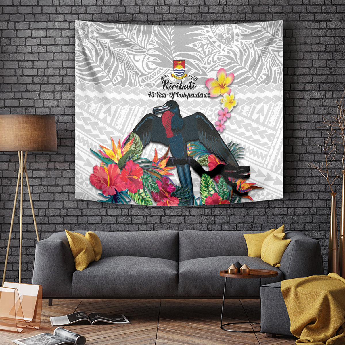 Kiribati Independence Day Tapestry Frigatebird Mix Tropical Flowers - White Style LT14 - Polynesian Pride