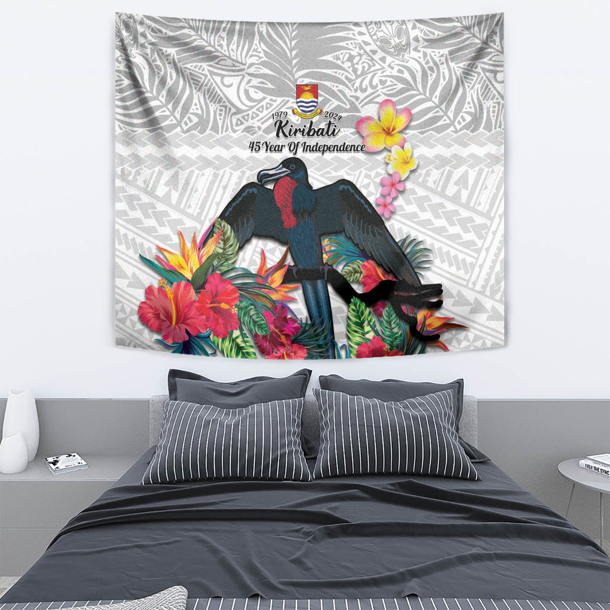 Kiribati Independence Day Tapestry Frigatebird Mix Tropical Flowers - White Style LT14 - Polynesian Pride