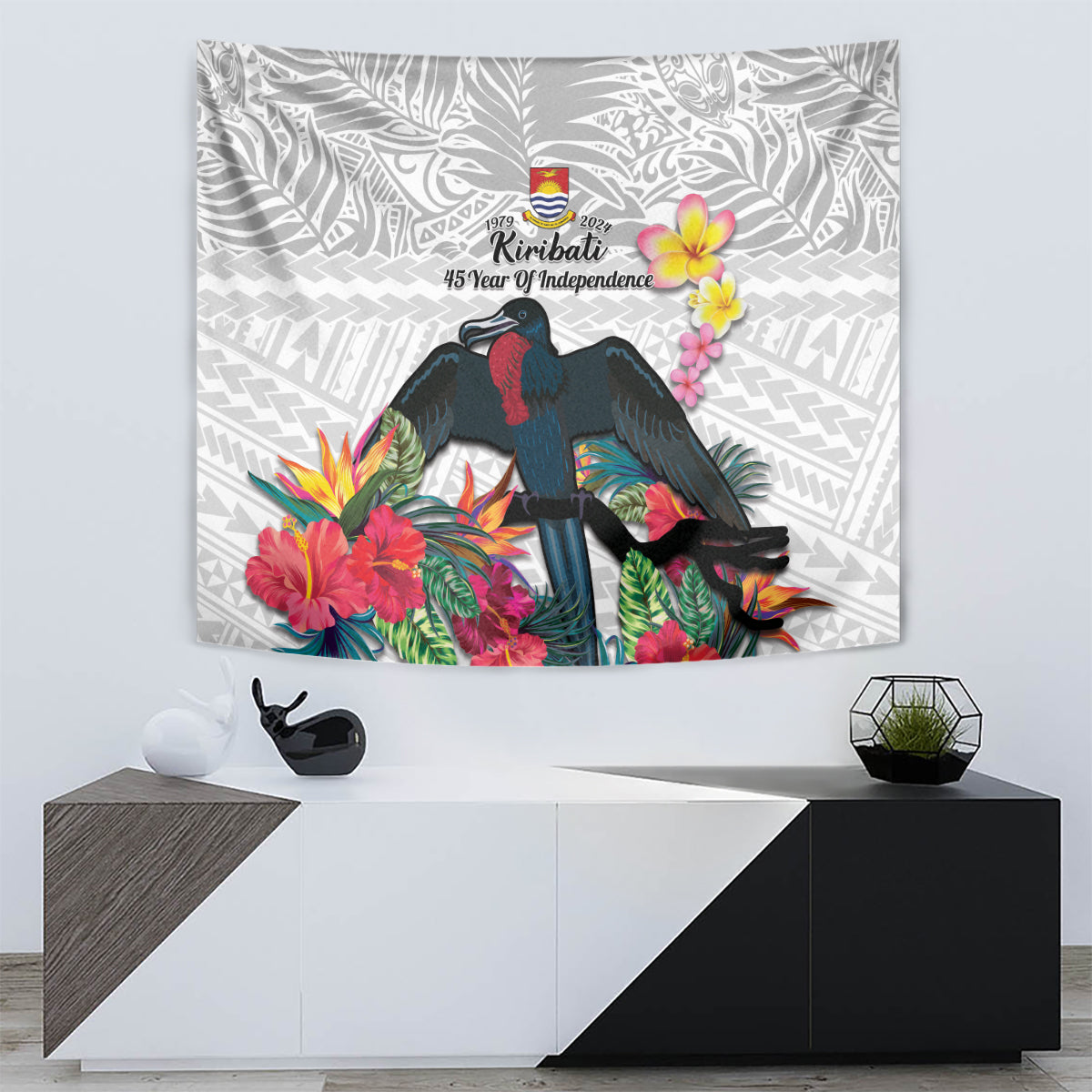 Kiribati Independence Day Tapestry Frigatebird Mix Tropical Flowers - White Style LT14 - Polynesian Pride