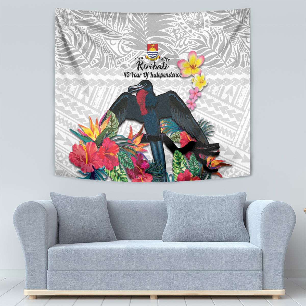 Kiribati Independence Day Tapestry Frigatebird Mix Tropical Flowers - White Style LT14 - Polynesian Pride