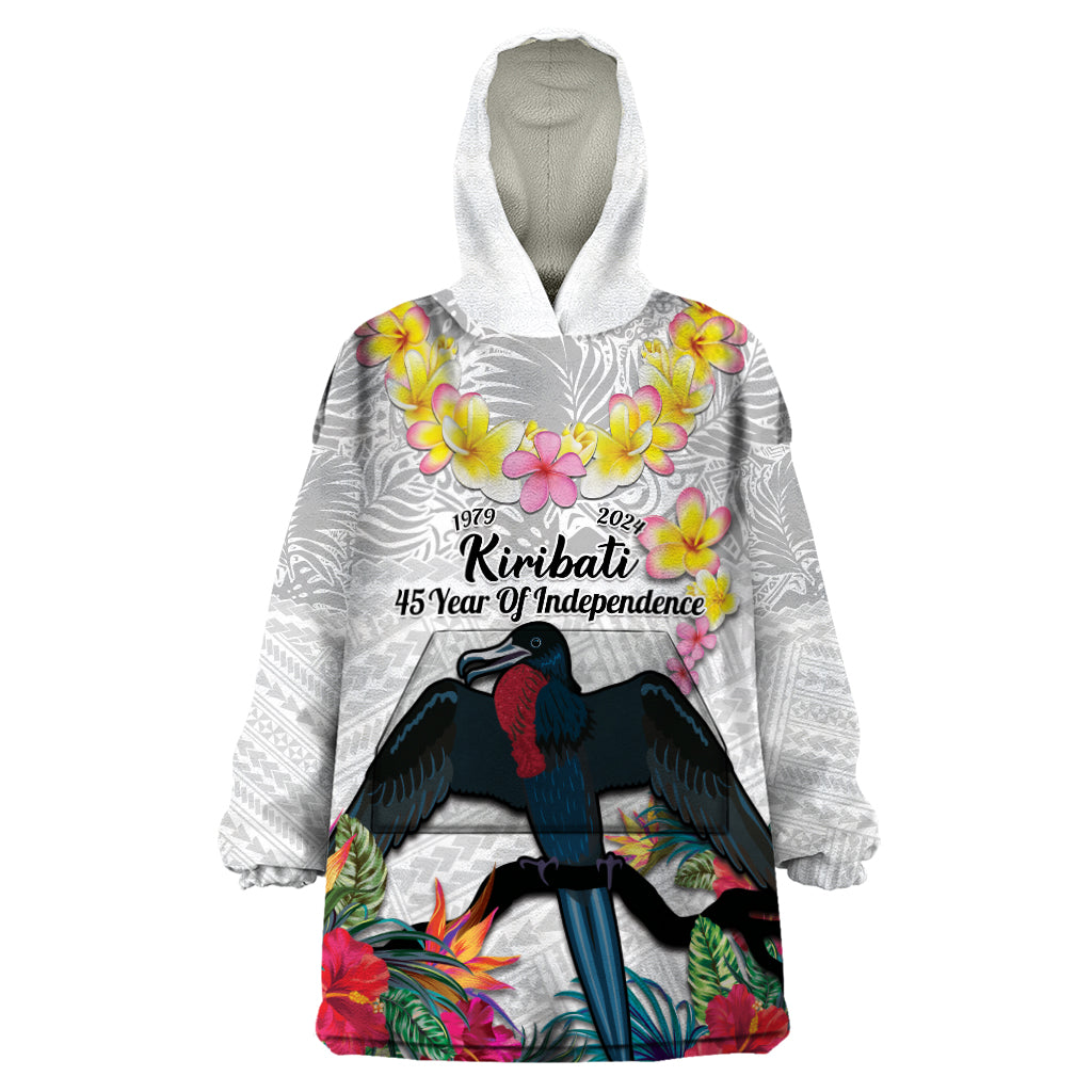 Kiribati Independence Day Wearable Blanket Hoodie Frigatebird Mix Tropical Flowers - White Style