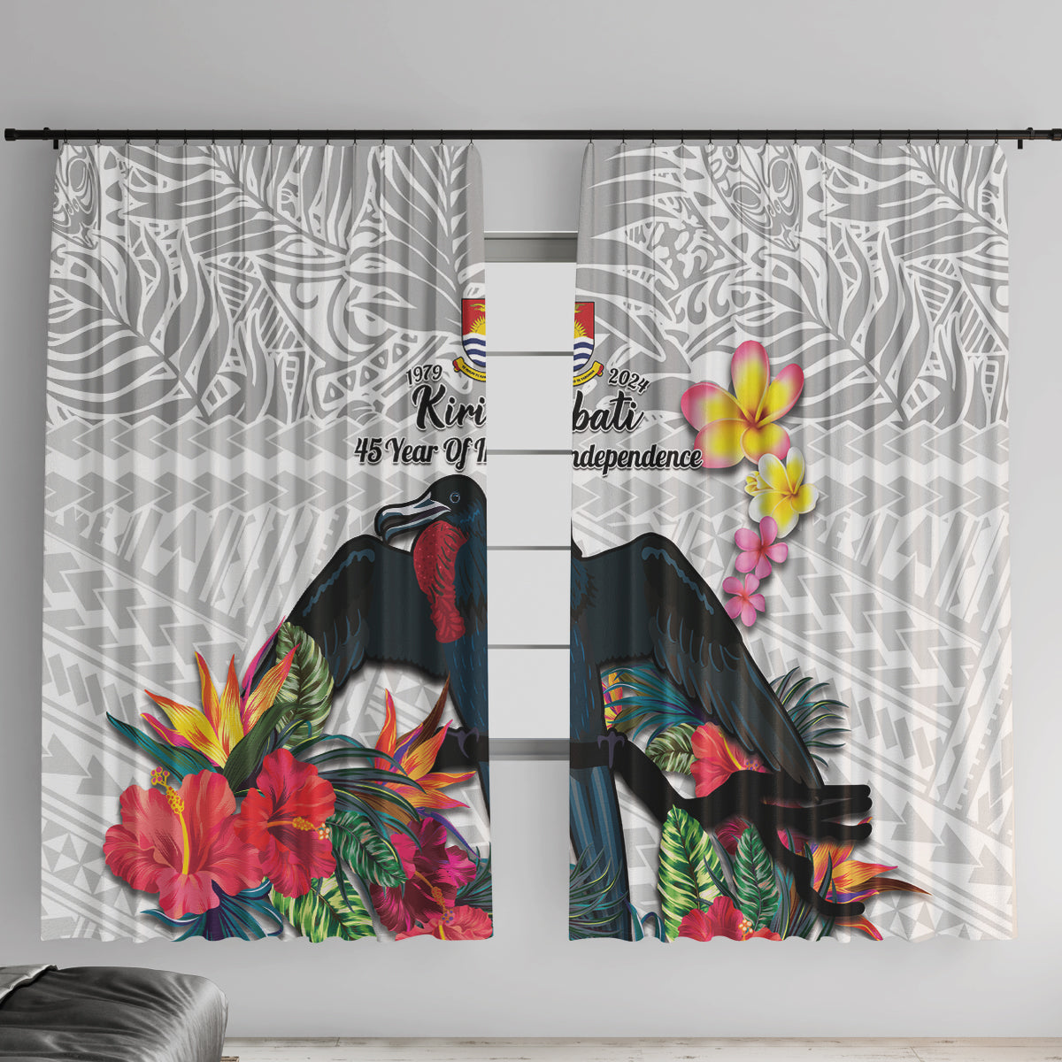 Kiribati Independence Day Window Curtain Frigatebird Mix Tropical Flowers - White Style LT14 With Hooks White - Polynesian Pride