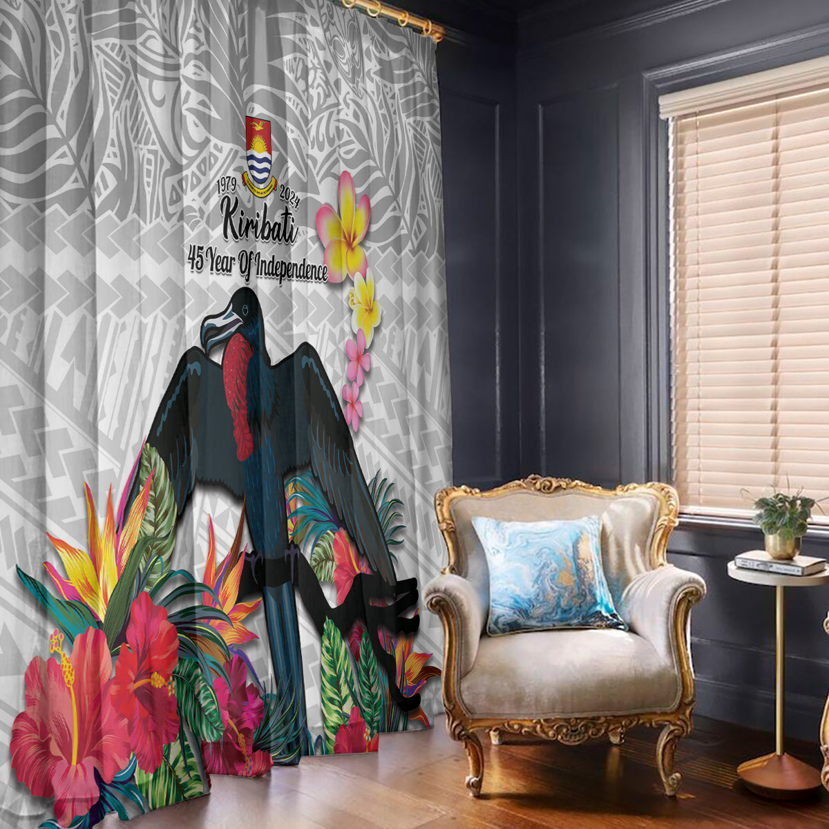 Kiribati Independence Day Window Curtain Frigatebird Mix Tropical Flowers - White Style LT14 - Polynesian Pride