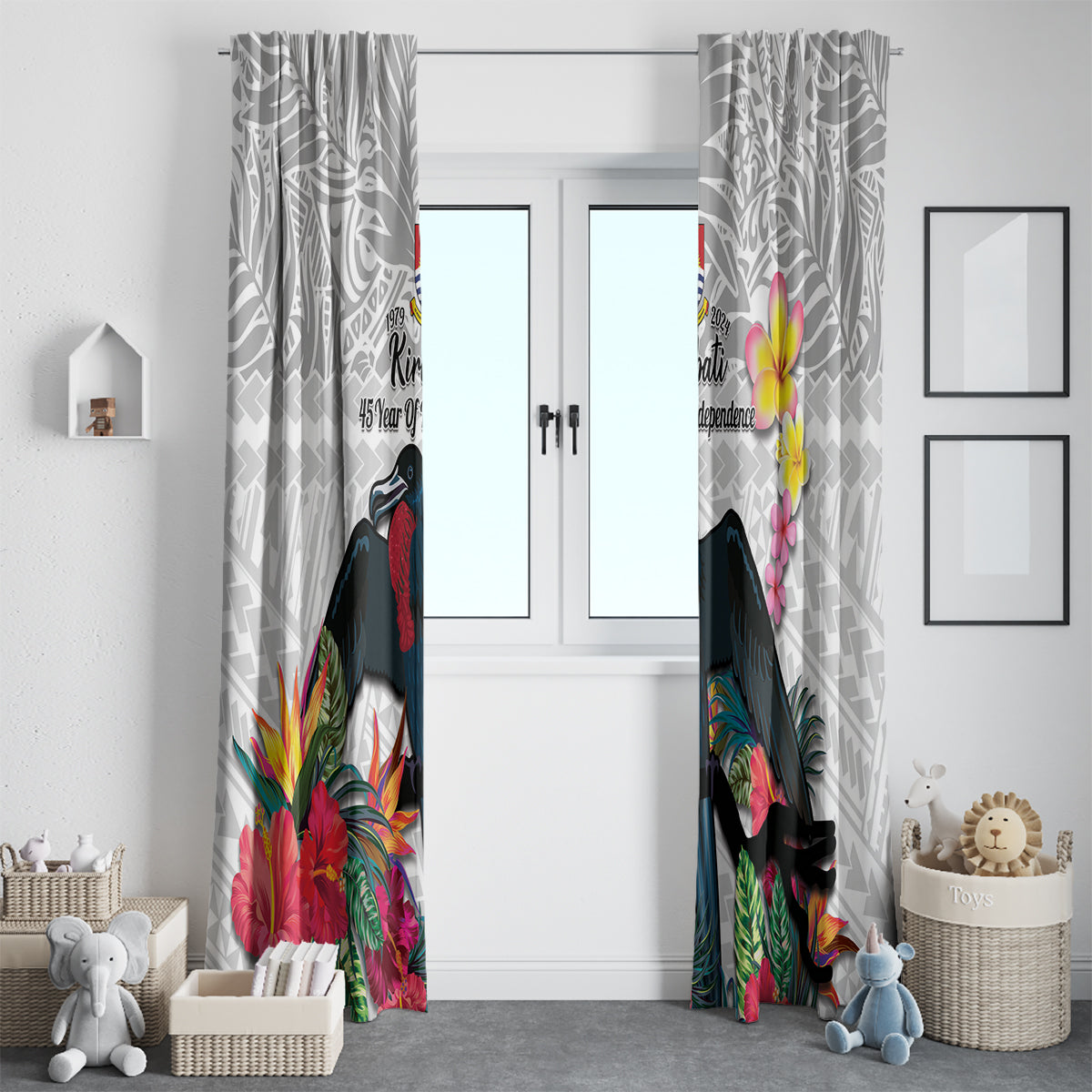 Kiribati Independence Day Window Curtain Frigatebird Mix Tropical Flowers - White Style LT14 - Polynesian Pride