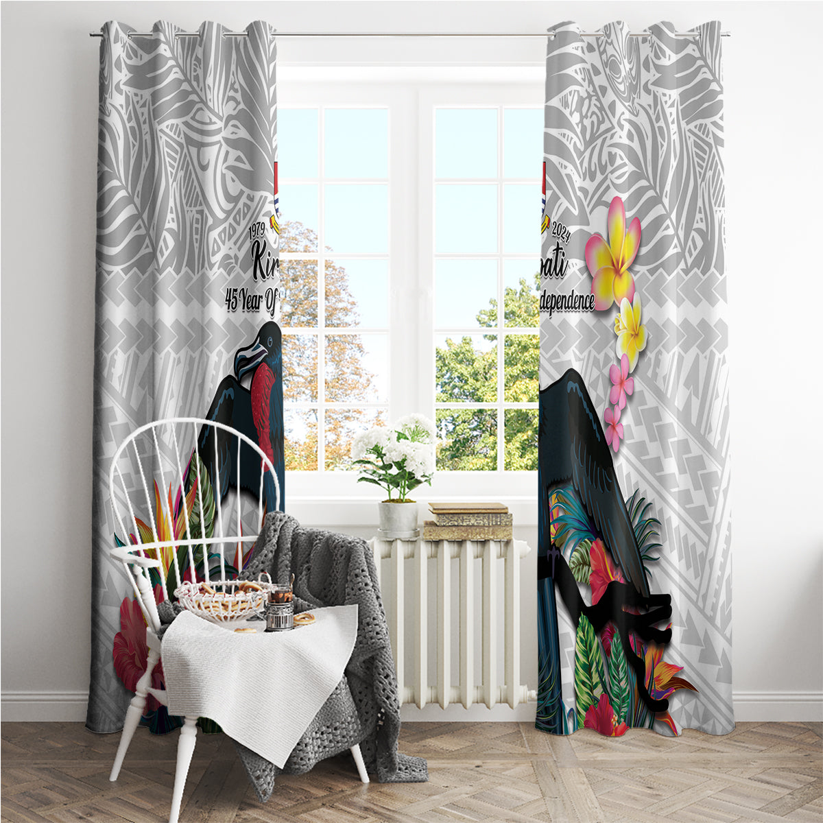 Kiribati Independence Day Window Curtain Frigatebird Mix Tropical Flowers - White Style LT14 - Polynesian Pride