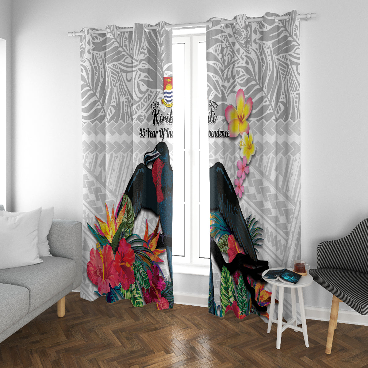Kiribati Independence Day Window Curtain Frigatebird Mix Tropical Flowers - White Style LT14 With Grommets White - Polynesian Pride