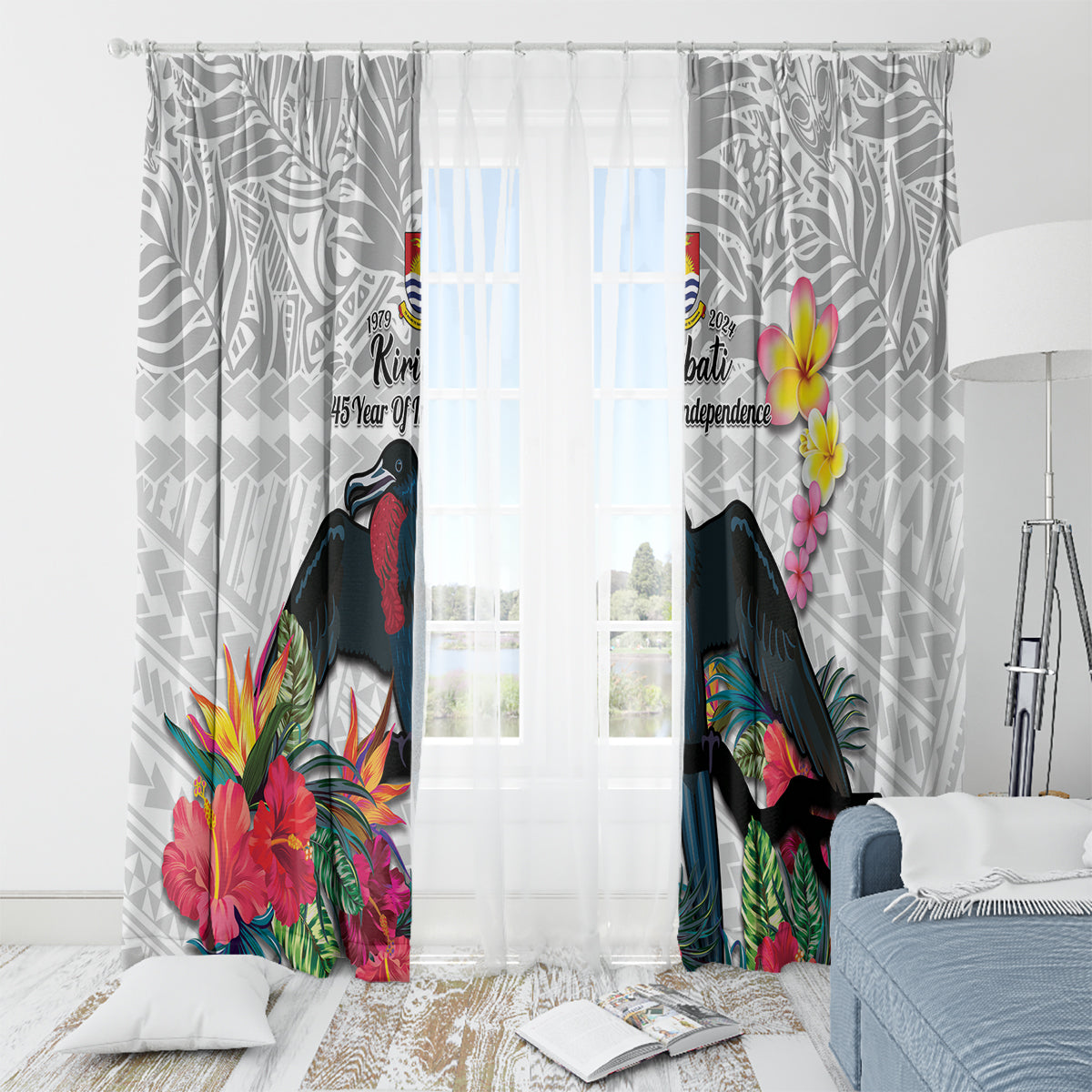 Kiribati Independence Day Window Curtain Frigatebird Mix Tropical Flowers - White Style LT14 - Polynesian Pride