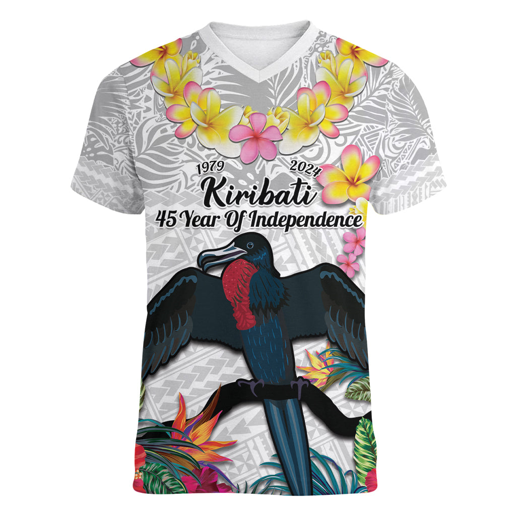 Kiribati Independence Day Women V-Neck T-Shirt Frigatebird Mix Tropical Flowers - White Style