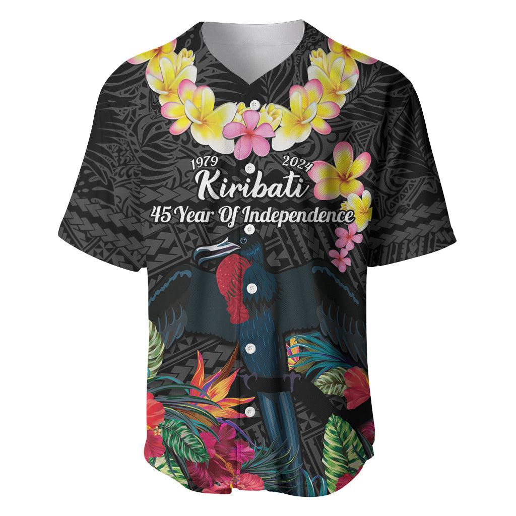 Kiribati Independence Day Baseball Jersey Frigatebird Mix Tropical Flowers - Black Style LT14 Black - Polynesian Pride