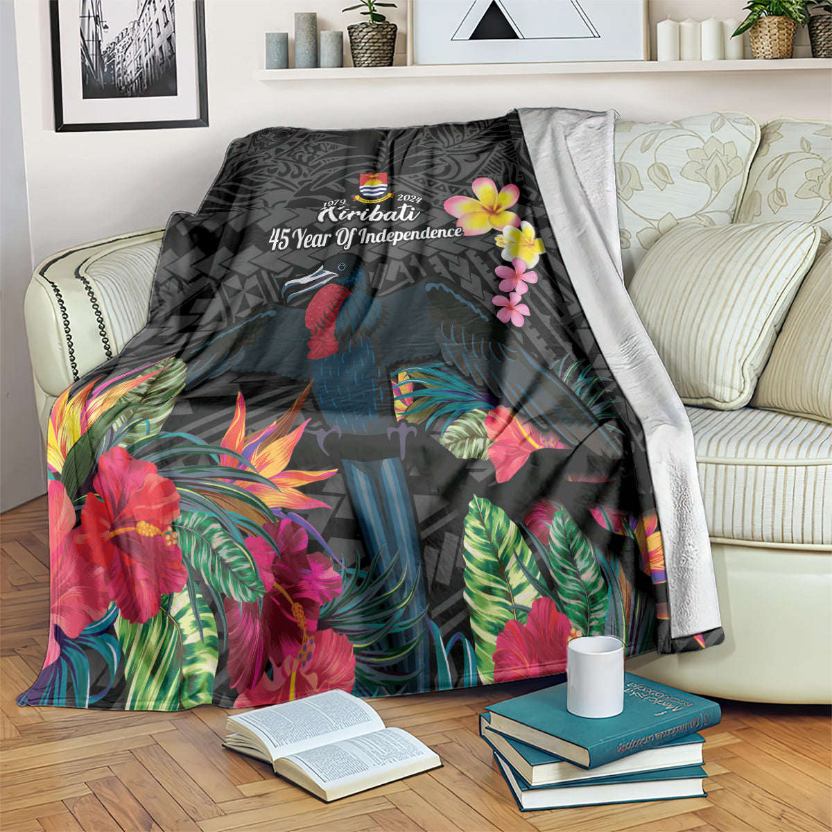 Kiribati Independence Day Blanket Frigatebird Mix Tropical Flowers - Black Style LT14 Black - Polynesian Pride