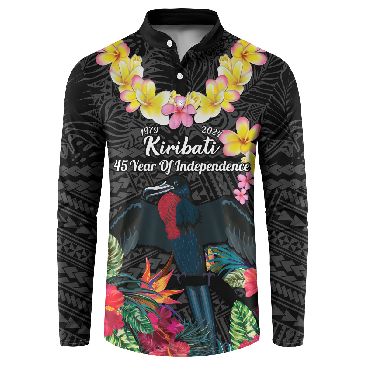 Kiribati Independence Day Button Sweatshirt Frigatebird Mix Tropical Flowers - Black Style