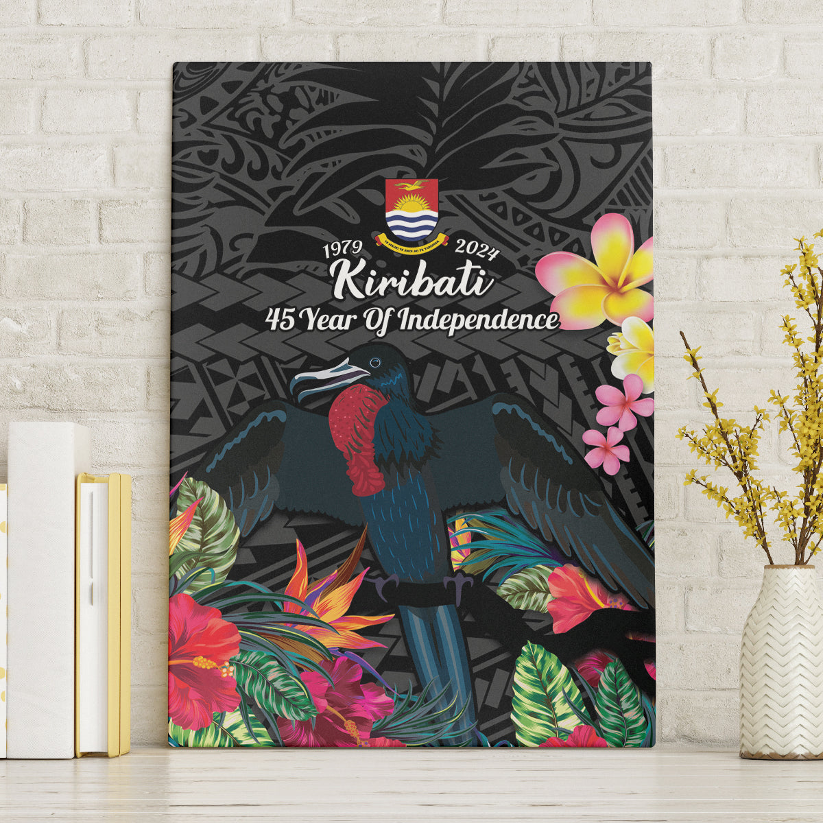 Kiribati Independence Day Canvas Wall Art Frigatebird Mix Tropical Flowers - Black Style LT14 Without Frame Black - Polynesian Pride