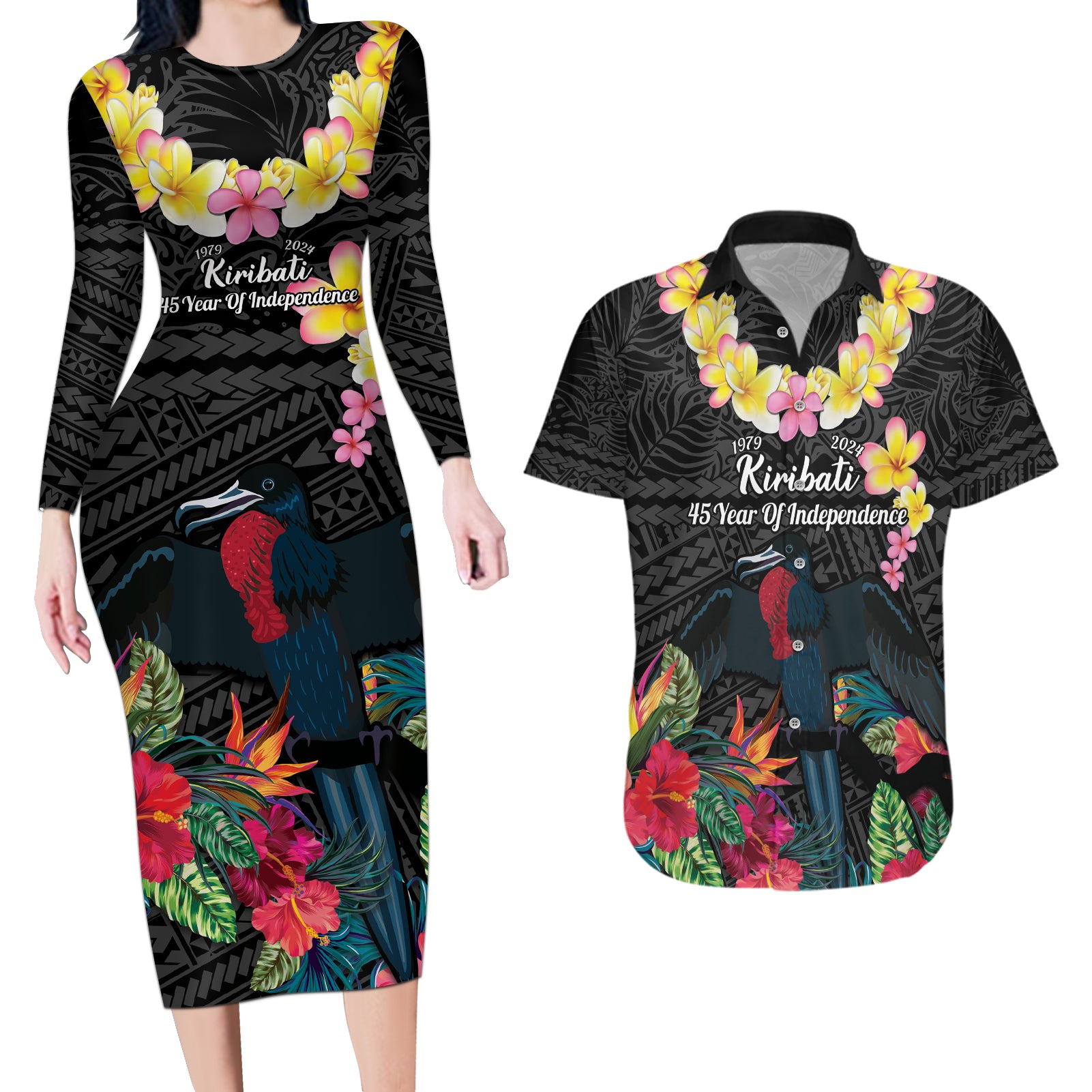 Kiribati Independence Day Couples Matching Long Sleeve Bodycon Dress and Hawaiian Shirt Frigatebird Mix Tropical Flowers - Black Style