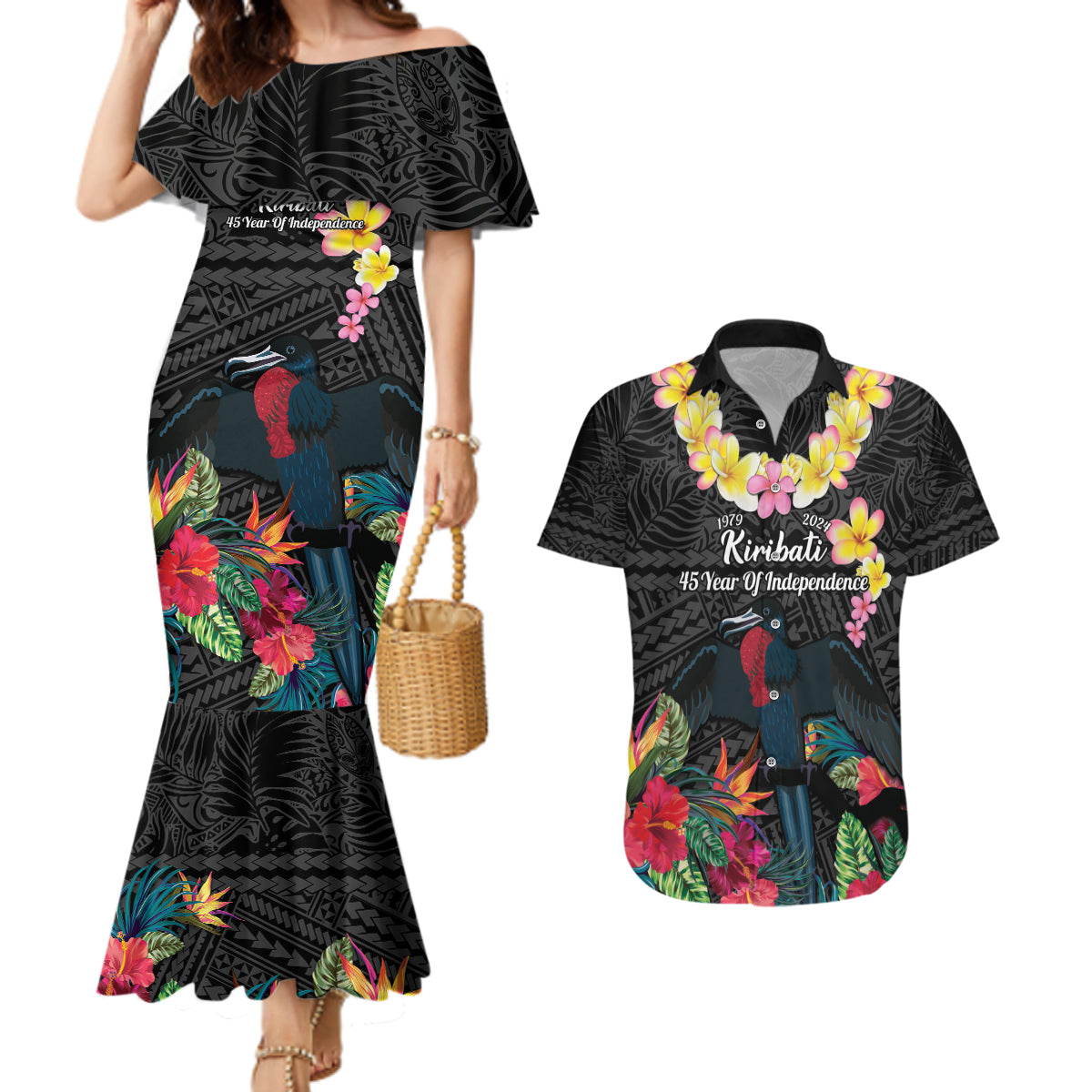 Kiribati Independence Day Couples Matching Mermaid Dress and Hawaiian Shirt Frigatebird Mix Tropical Flowers - Black Style