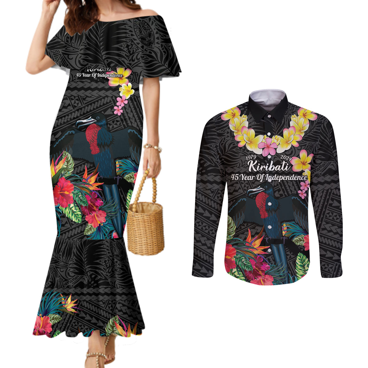 Kiribati Independence Day Couples Matching Mermaid Dress and Long Sleeve Button Shirt Frigatebird Mix Tropical Flowers - Black Style