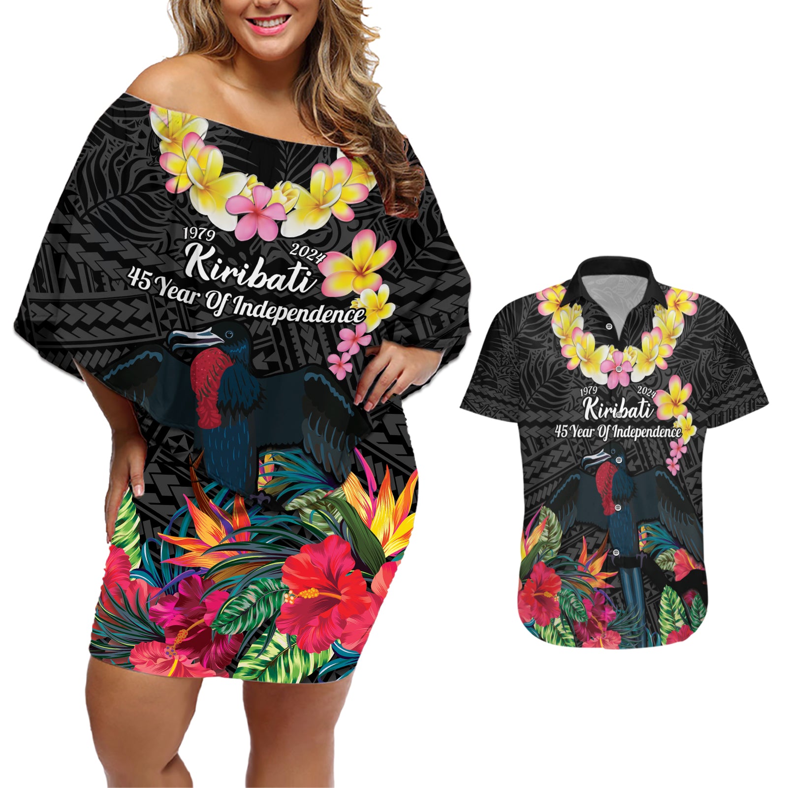 Kiribati Independence Day Couples Matching Off Shoulder Short Dress and Hawaiian Shirt Frigatebird Mix Tropical Flowers - Black Style