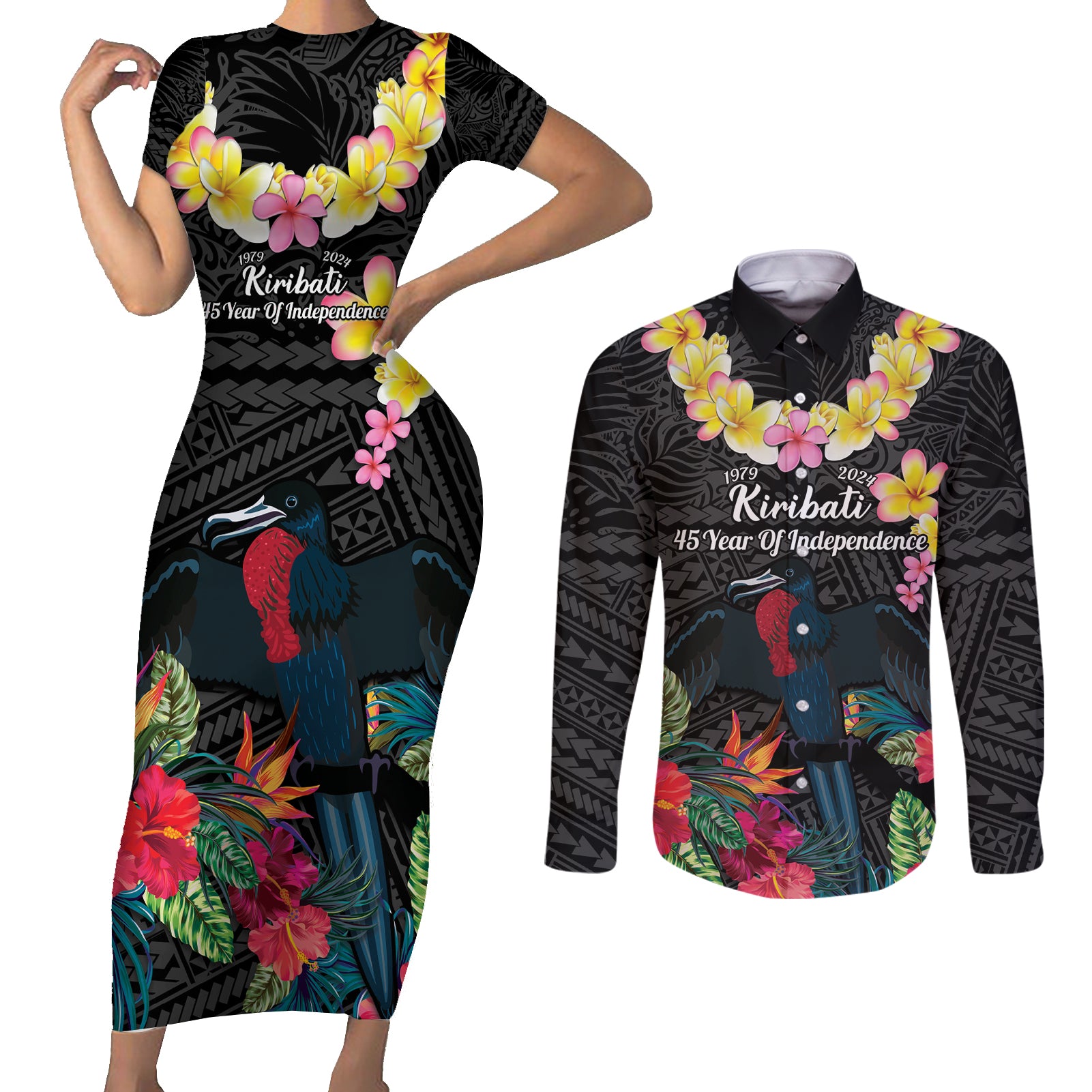 Kiribati Independence Day Couples Matching Short Sleeve Bodycon Dress and Long Sleeve Button Shirt Frigatebird Mix Tropical Flowers - Black Style