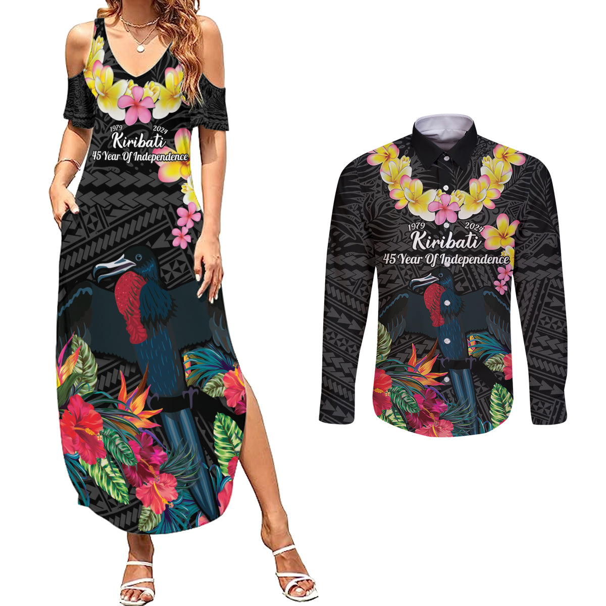 Kiribati Independence Day Couples Matching Summer Maxi Dress and Long Sleeve Button Shirt Frigatebird Mix Tropical Flowers - Black Style