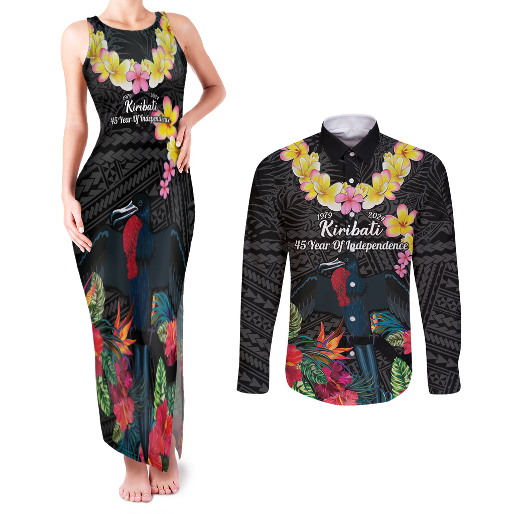 Kiribati Independence Day Couples Matching Tank Maxi Dress and Long Sleeve Button Shirt Frigatebird Mix Tropical Flowers - Black Style