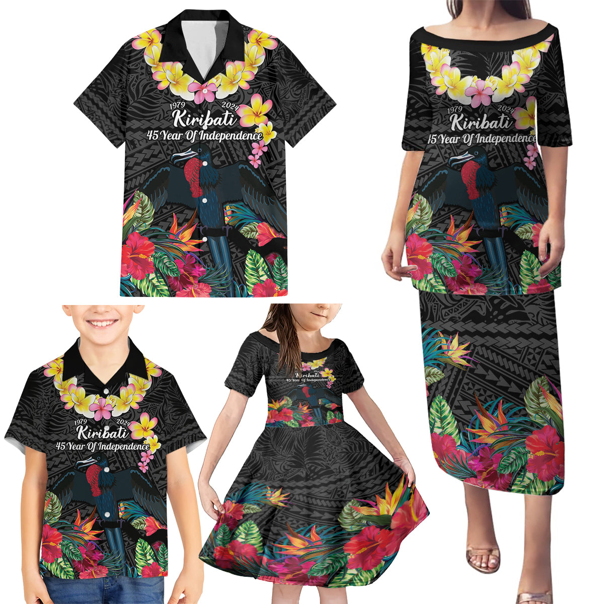 Kiribati Independence Day Family Matching Puletasi and Hawaiian Shirt Frigatebird Mix Tropical Flowers - Black Style