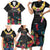 Kiribati Independence Day Family Matching Short Sleeve Bodycon Dress and Hawaiian Shirt Frigatebird Mix Tropical Flowers - Black Style