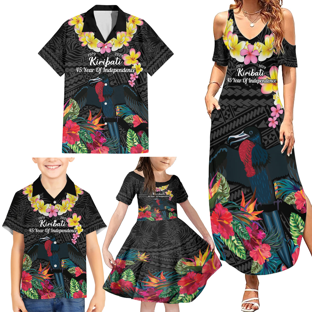 Kiribati Independence Day Family Matching Summer Maxi Dress and Hawaiian Shirt Frigatebird Mix Tropical Flowers - Black Style