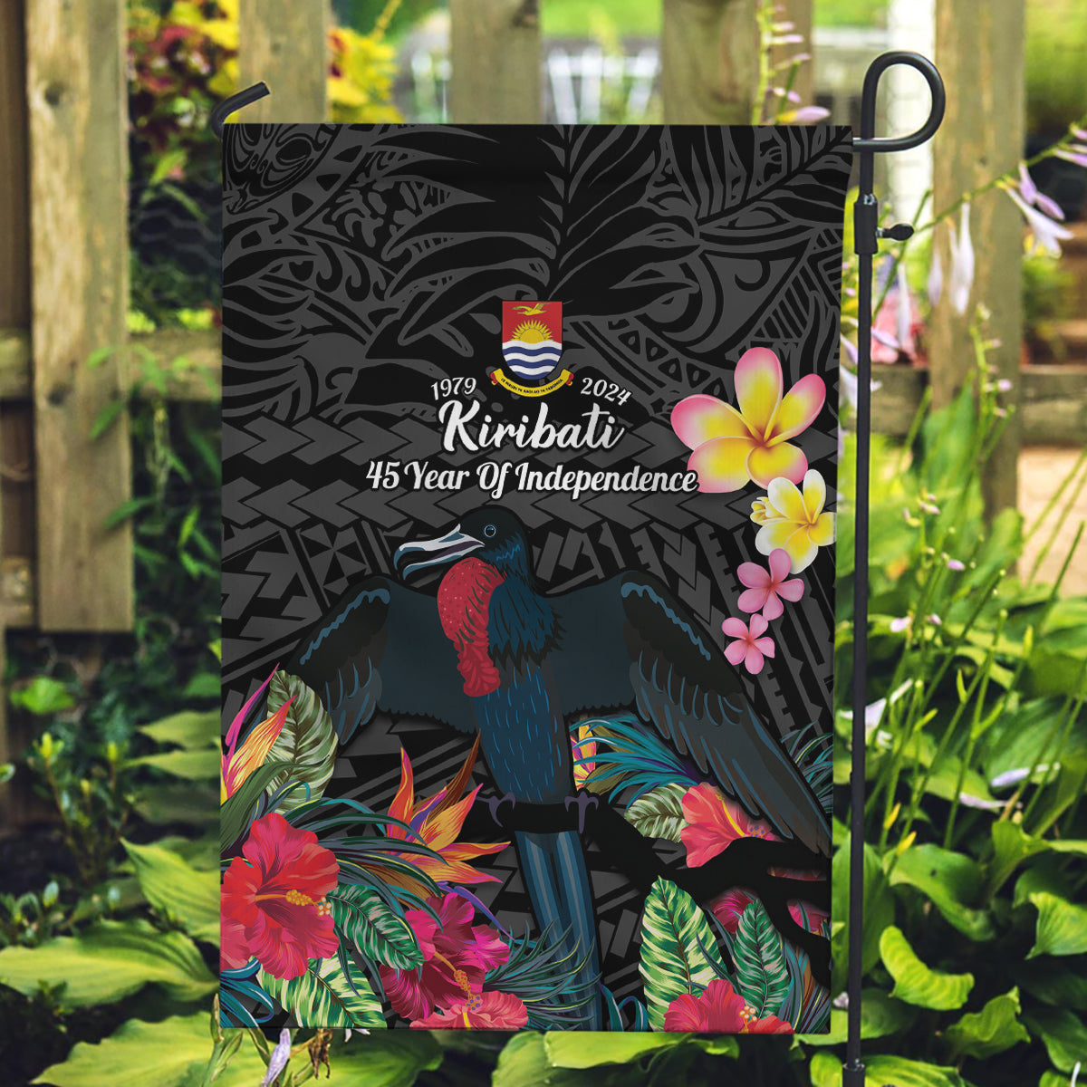 Kiribati Independence Day Garden Flag Frigatebird Mix Tropical Flowers - Black Style LT14 Garden Flag Black - Polynesian Pride