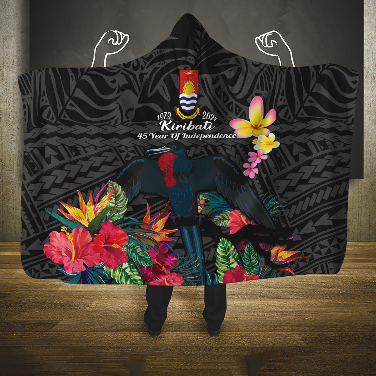 Kiribati Independence Day Hooded Blanket Frigatebird Mix Tropical Flowers - Black Style