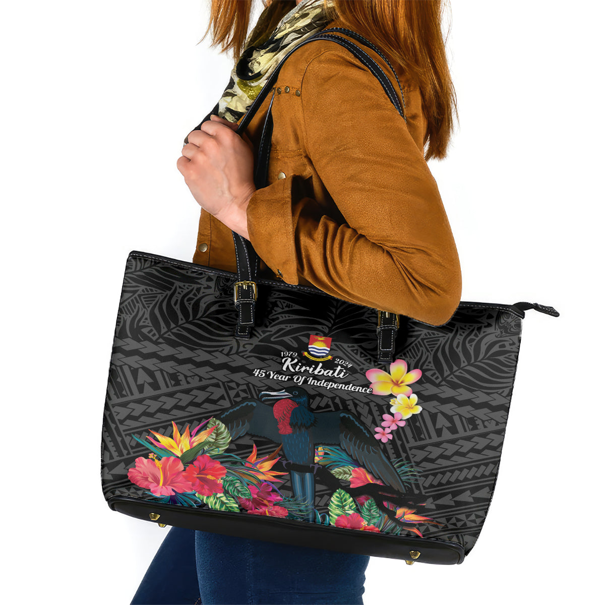 Kiribati Independence Day Leather Tote Bag Frigatebird Mix Tropical Flowers - Black Style