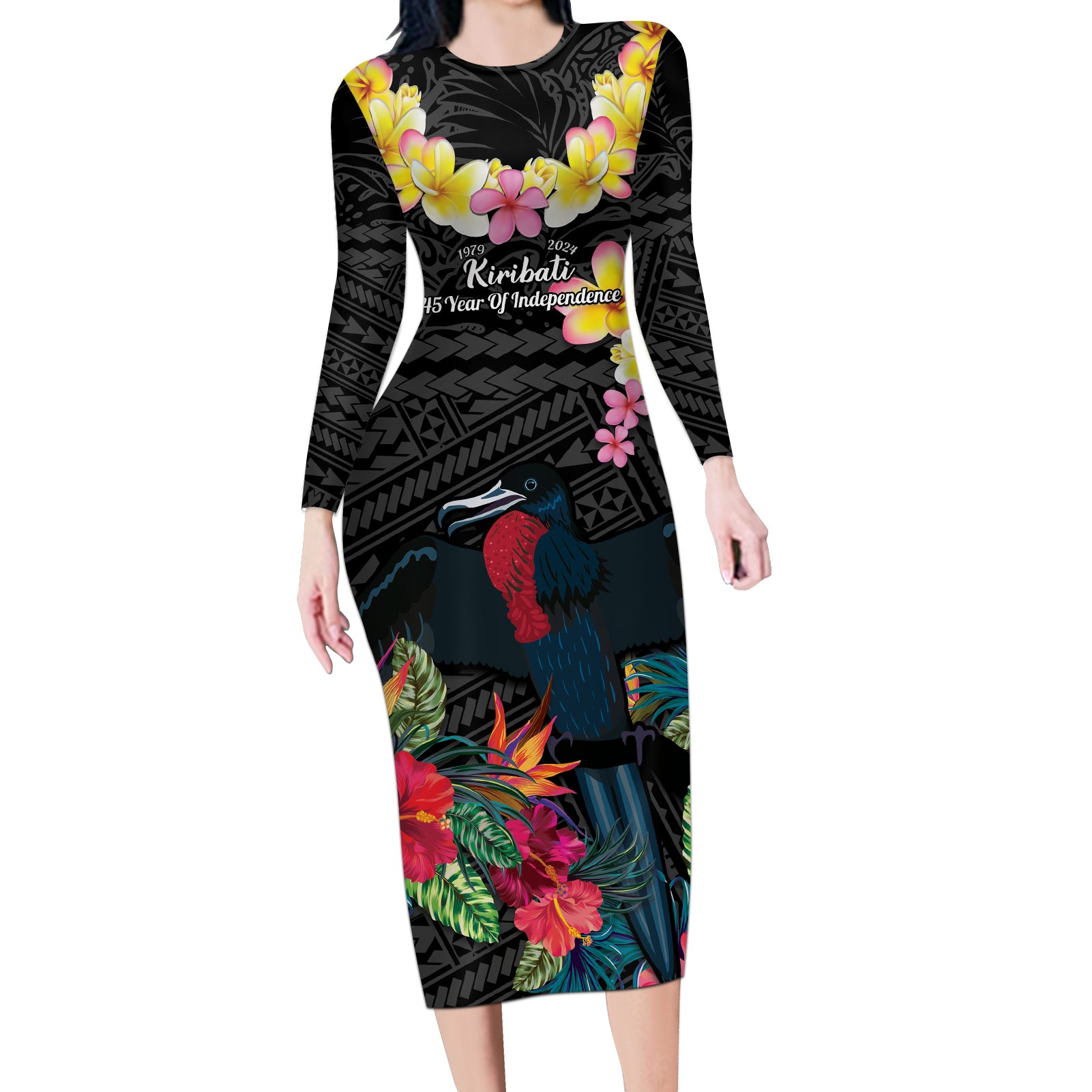 Kiribati Independence Day Long Sleeve Bodycon Dress Frigatebird Mix Tropical Flowers - Black Style