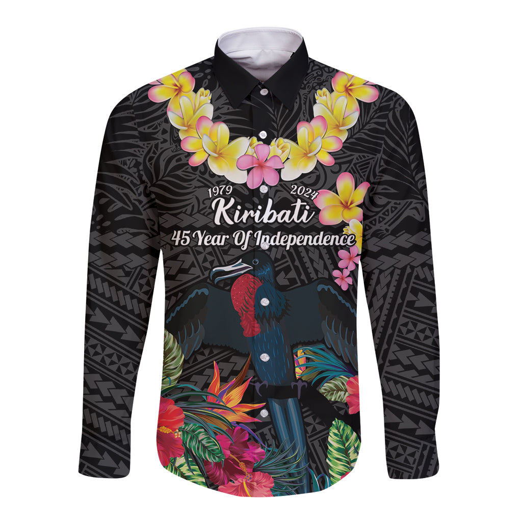 Kiribati Independence Day Long Sleeve Button Shirt Frigatebird Mix Tropical Flowers - Black Style